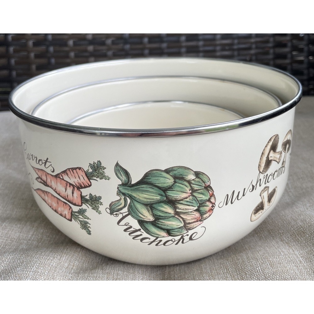 Vintage Mushrooms Vegetables Enamelware Nesting Mixing Bowls Set Of 3 Cookware
